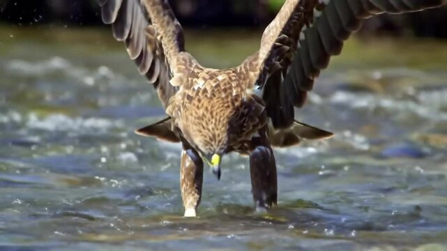 Video footage of an eagle pouncing on prey in the water is suitable for use in animal world content videos, education, animal lovers, documentaries, video archives,