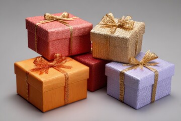 Obraz premium Stacked wrapped gift boxes with bows in diverse colors and textures