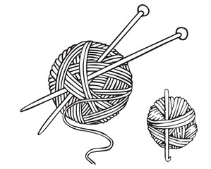 Black and White Illustration of Yarn Balls and Crochet Hook for Craft and DIY Projects