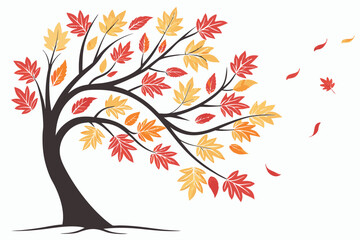 Obraz premium Autumn Tree Illustration with Falling Leaves in Red Orange and Yellow