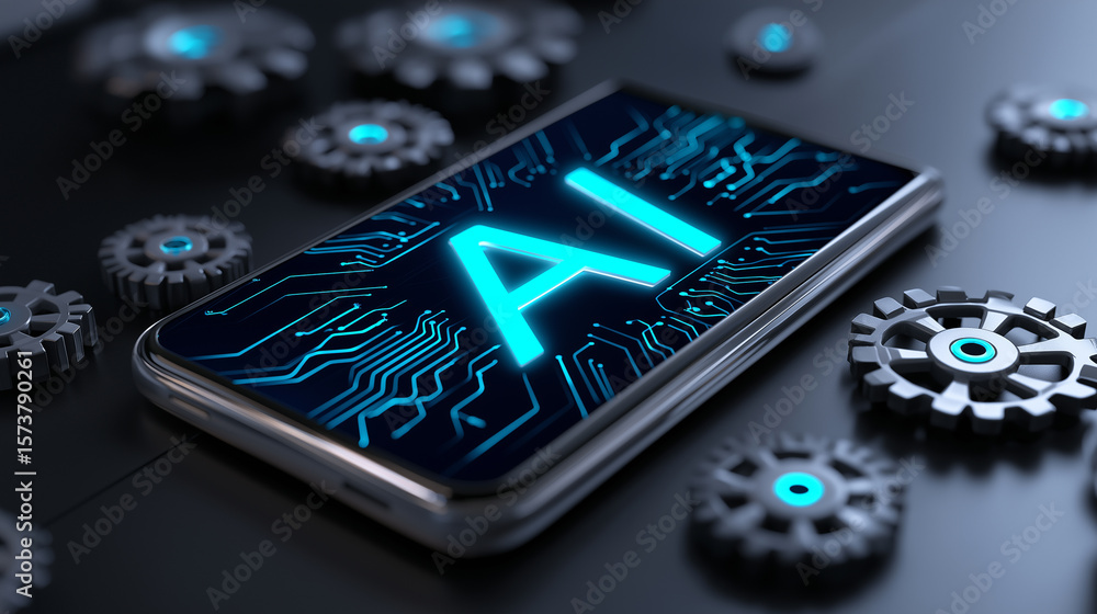 Poster ai concept displayed on a smartphone surrounded by mechanical gears, symbolizing artificial intellig