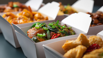 Assortment of takeout Asian food in white boxes on a table, including noodles and fried snacks.
