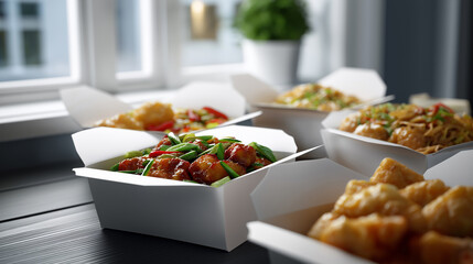 Assortment of takeout Asian food in white boxes on a table, including noodles and fried snacks.
