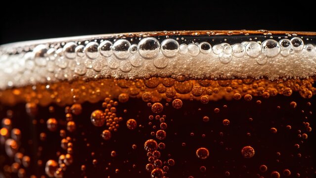 Close up shot of a glass of refreshing fizzy brown beverage