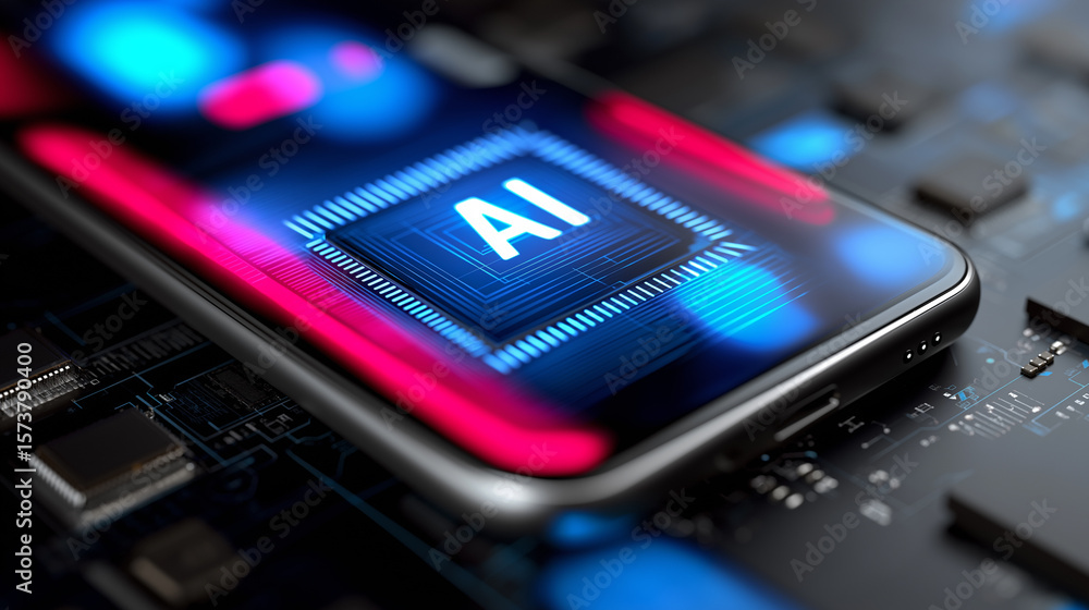 Poster ai concept displayed on a smartphone surrounded by mechanical gears, symbolizing artificial intellig