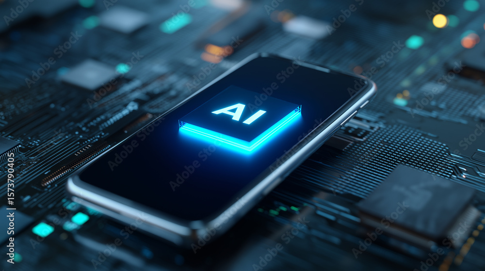Poster ai concept displayed on a smartphone surrounded by mechanical gears, symbolizing artificial intellig