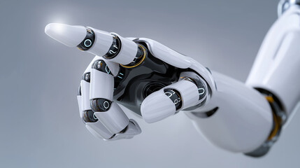 Futuristic robotic hand with articulated fingers pointing, isolated on white background.

