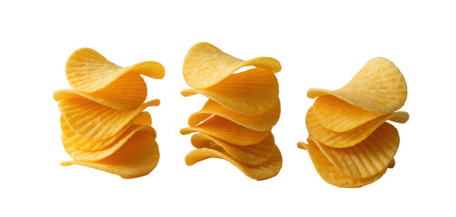 Three stacks of ruffled potato chips isolated on a transparent background for food advertising isolated on transparent background