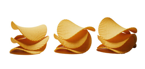 Three ruffled potato chips stacked in a row isolated on transparent background