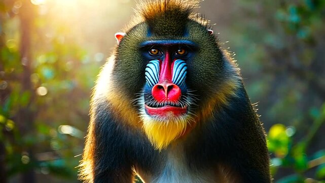 A vibrant mandrill monkey with striking facial features in a lush, sunlit forest setting
