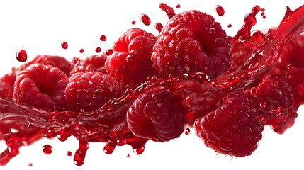 Juice splashed with raspberry droplets isolated on a white background