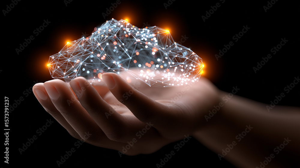 Poster hand holding a glowing digital cloud composed of interconnected data points, representing cloud tech