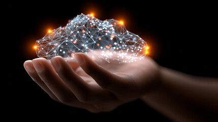 Hand holding a glowing digital cloud composed of interconnected data points, representing cloud technology.
