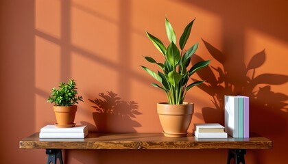 the image features a rustic wooden shelf against a solid, rich, earthy background, there are two potted plants, one on each side of the shelf, on the left, the plant is smaller
