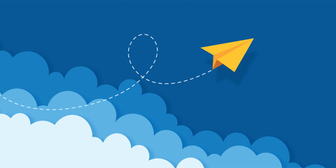 Abstract paper airplane flying over clouds paper cut style on blue sky banner business background