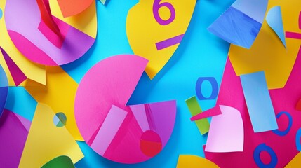 Colorful paper shapes and numbers create an engaging backdrop for creativity and design activities in a vibrant setting