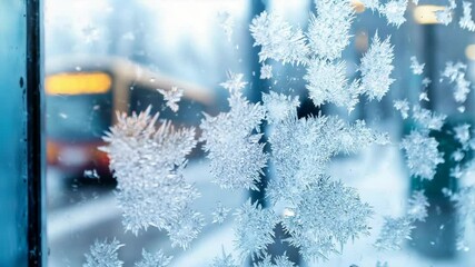 Frosty patterns form on window as city bus arrives in winter morning light - Powered by Adobe