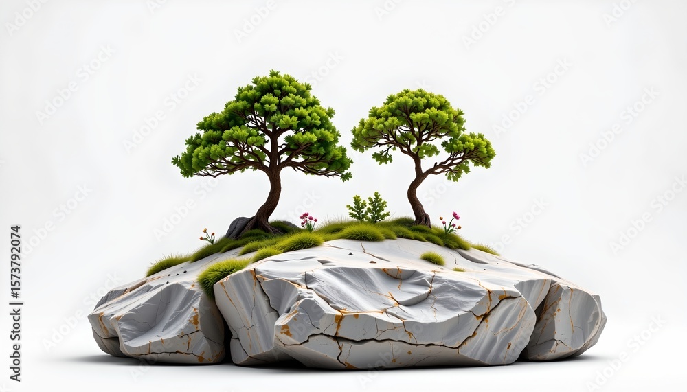 Poster the image features two small trees atop a large rock formation, the trees have thin trunks and dense