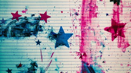 Colorful star-themed paint splatter on lined paper showcases creative artistic expression