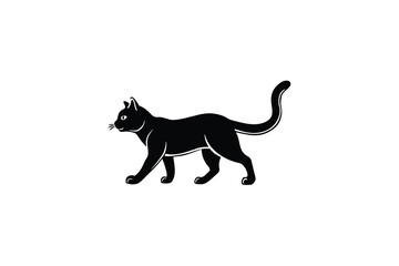 Elegant Black Cat Walking Isolated on White Background Silhouette