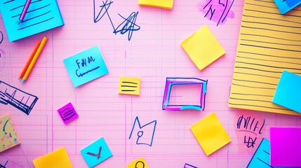 Creative workspace with colorful sticky notes, sketches, and stationery supplies arranged on a pink desk during a brainstorming session