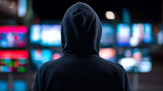 Hacker in a dark hoodie facing digital screens with code and data, symbolizing cybercrime and data breaches.
