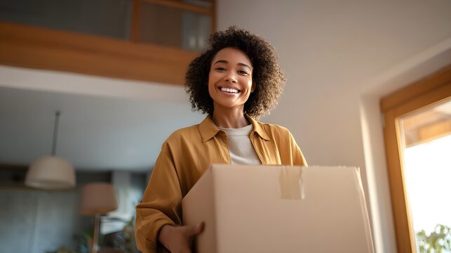 A cheerful young woman with curly hair holding a cardboard box expressing happiness and anticipation over a recent delivery or online purchase