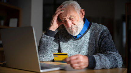 Senior man looking worried while holding a credit card in front of a laptop, suggesting online shopping or scam concerns.
