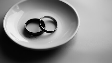 Elegant black and white close-up of two wedding rings on a white plate symbolizing love and commitment
