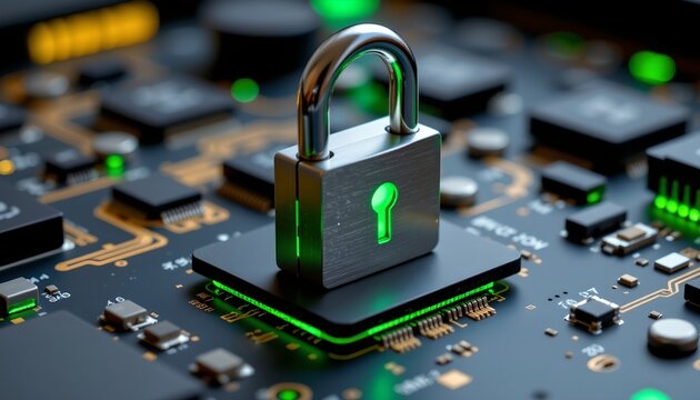 the main subject of the image is a metallic padlock situated on top of a puter chip, the lock has a shiny, silver appearance and appears to be resting on a square