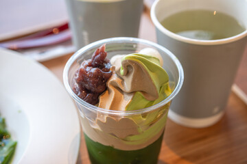 Delicious matcha soft-serve with bean paste famous dessert in Uji Kyoto Japan