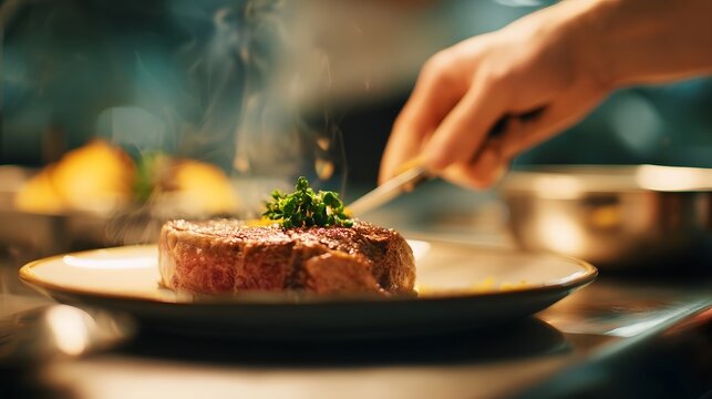 A perfectly seared and seasoned steak dish garnished with fresh herbs presented on a platter in an elegant restaurant setting showcasing the culinary expertise of the chef