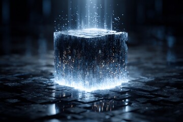 Mystical Cube of Light: A mesmerizing, artistic rendering showcases a singular cube, emanating an otherworldly glow and releasing streams of luminous light in a dark and enigmatic scene.
