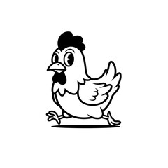 Black-and-white cartoon chicken with a large comb and intense expression, featuring detailed feathers and bold outlines.