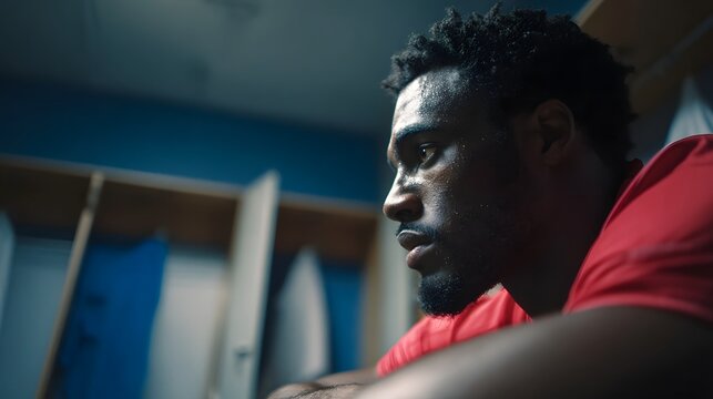A close up portrait of a serious looking man with dark skin and curly hair wearing a red shirt and gazing intensely with a contemplative expression against a blue background