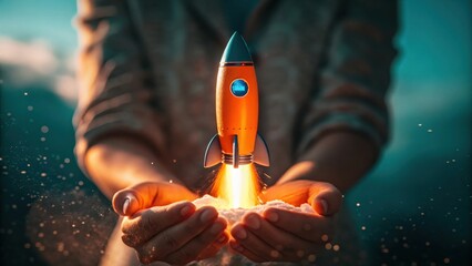 Person holding a launching rocket in their hands startup concept