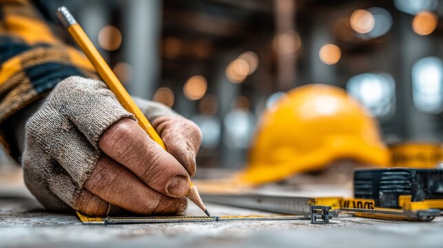 Close-up of a weathered hand in a fingerless glove gripping a yellow pencil, marking a metal ruler on a concrete surface, with a yellow hard hat and measuring tape in the background.