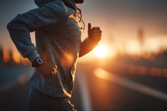 Golden Hour Run: A solitary figure, clad in a hoodie, takes a morning run down an empty road, with the sun setting on the horizon. The image is evocative of personal wellness and a healthy life.