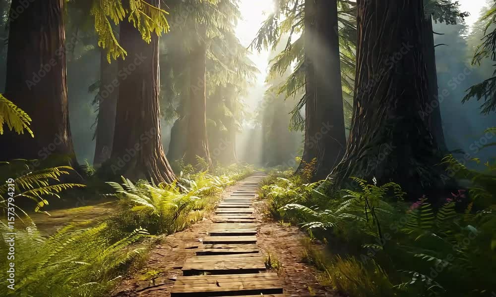 Aufkleber pathway through a sunlit forest with ferns and tall trees around it
