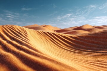 Desert Dunescape: Sun-drenched sand dunes stretch to the horizon under a vibrant blue sky, showcasing the beauty and serenity of the desert landscape.