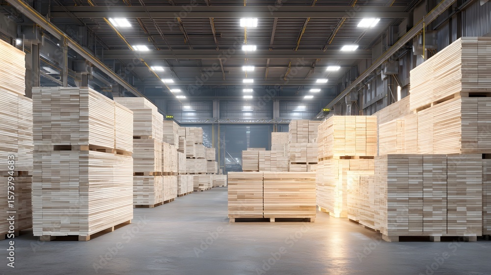 Poster a spacious and efficient warehouse interior with neatly arranged shelves stacks of boxes and various