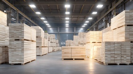 A spacious and efficient warehouse interior with neatly arranged shelves stacks of boxes and various products and materials ready for distribution and transportation