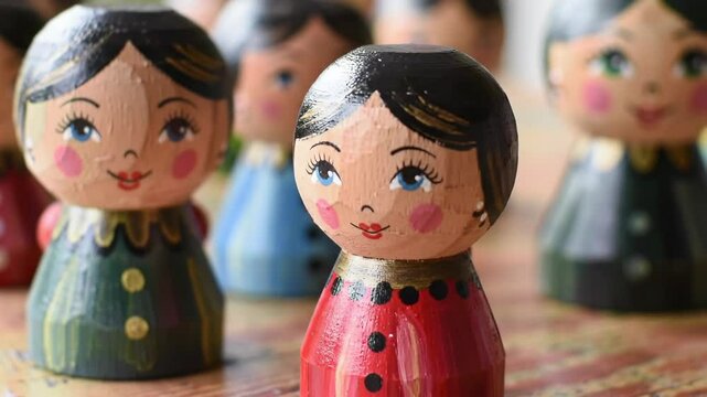 Collection of brightly painted wooden figurines with round faces