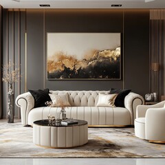 Interior design of a modern living room featuring a wooden staircase, seamlessly blending architectural elements into the space, Generative AI