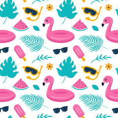 Tropical Summer Seamless Pattern with Beach Elements in a Flat Cartoon Style Illustration
