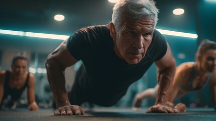 A group of determined individuals participating in an intense fitness training session led by an experienced instructor in a modern gym environment
