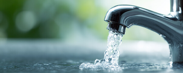 Water flowing from a modern faucet, creating ripples on a smooth surface in a bright kitchen setting