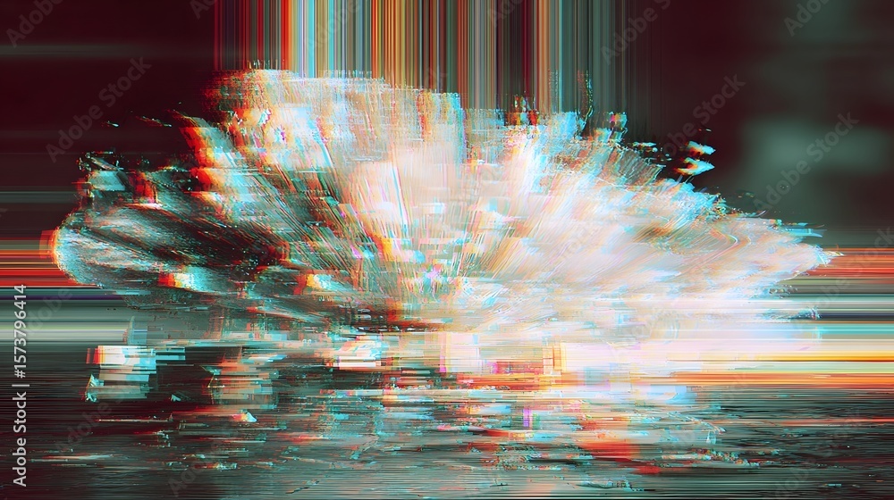 Poster a visually stunning abstract digital image depicting a colorful glitchy explosion of energy light an
