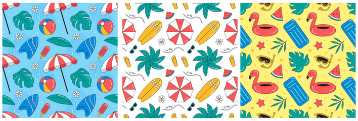 Obraz premium Tropical Summer Seamless Pattern with Beach Elements in a Flat Cartoon Style Illustration