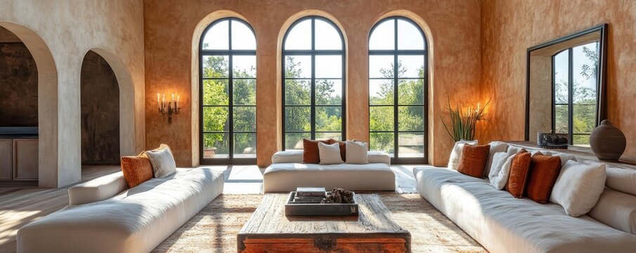 Rustic interior design of a modern living room, featuring arched windows and a stucco wall, adding charm and elegance to the space, Generative AI